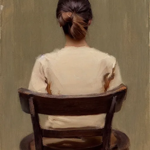 Prompt: woman with ponytail hairstyle, sitting in wooden chair, in the style of jeremy lipking