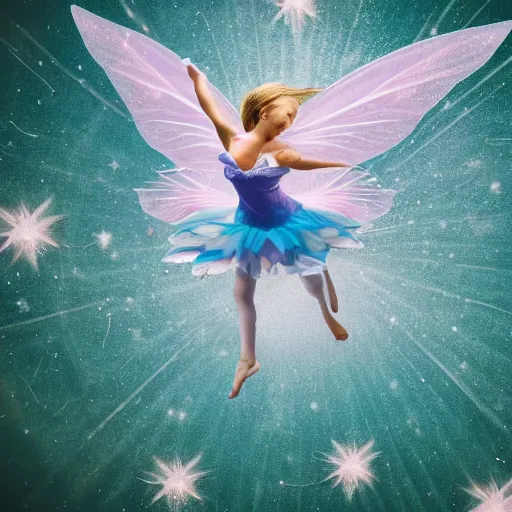 Image similar to flying fairy with wings timidly tipping toe into the center of a lake