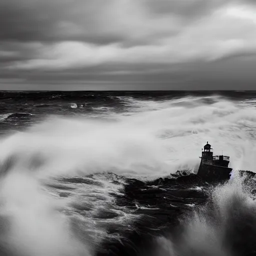 Image similar to award winning photograph of a lighthouse being battered by stormy seas, dark, moody, cinematic, 8k