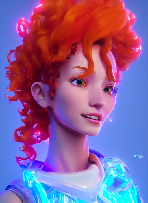 Prompt: glowwave portrait of curly orange hair girl as a agent, au naturel, hyper detailed, digital art, trending in artstation, cinematic lighting, studio quality, smooth render, unreal engine 5 rendered, octane rendered, art style by pixar warner bros dreamworks disney riot games and overwatch