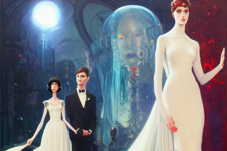 Image similar to wedding day 🫀👩🏾, futuristic wedding dress, neon god of city character portrait, in the style of margaret keane, moebius, tom bagshaw, and waterhouse, cinematic lighting, beautiful, elegant, oil painting,