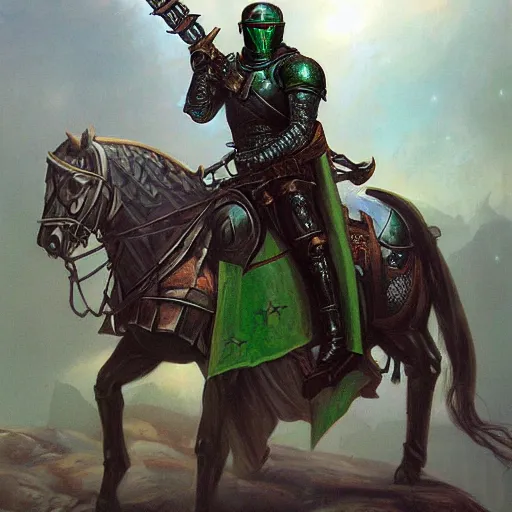 Image similar to A green knight, armed with futuristic medieval weaponry, matte painting by gerald brom trending on artstation