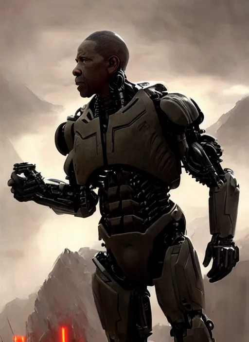 Image similar to denzel washington as victor stone, full body concept, cyborg, borg, strogg, face of a man, terminator, flesh, quake strogg, doom demon, wolfenstein, monstrous, powerful, symmetry, symmetrical, concept art by ruan jia and greg rutkowski