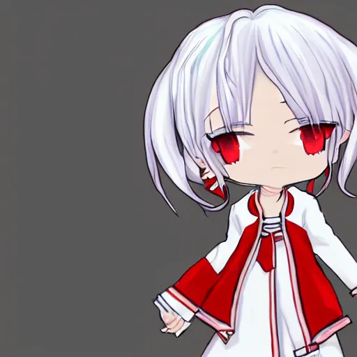 Prompt: vtuber white hair, red eyes, two little horn on the head, chibi