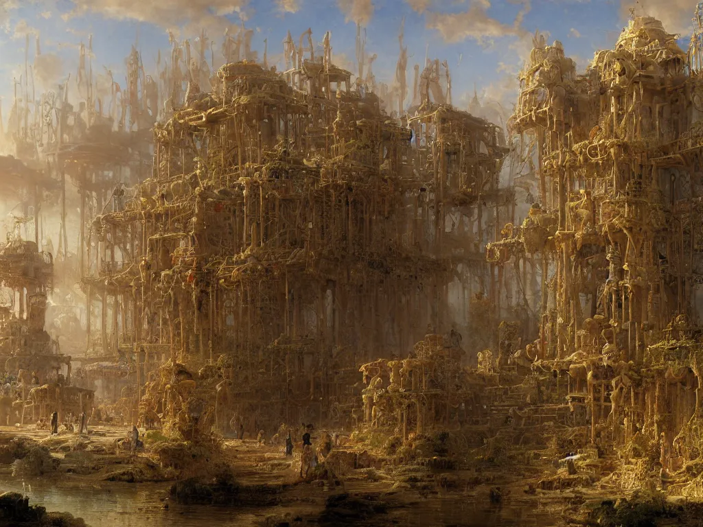 Image similar to detailed painting of a multiverse gateway in ancient mesopotamia in the middle of a sulphur lake, filigree ornaments, andreas achenbach, simon stalenhag