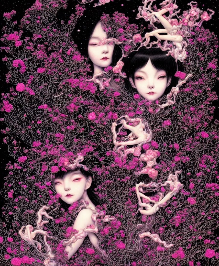 Prompt: hyper detailed 3d render like a Oil painting - kawaii portrait Aurora demon (ancient black haired Fae acrobat) seen Eating of the Strangling network of yellowcake aerochrome and milky Fruit and Her delicate Hands hold of gossamer polyp blossoms bring iridescent fungal flowers whose spores black the foolish stars drawn by Takato Yamamoto and Katsuhiro Otomo, full body character drawing, inspired by Evangeleon, clean ink detailed line drawing, intricate detail, extremely detailed, 8k