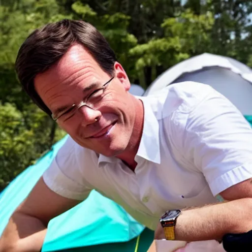 Prompt: mark rutte chilling in front of a tent on a camping in Italy, press photograph