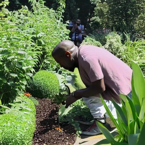 Prompt: Kanye West watering plants in a garden with a smile on his face, 8km, realistic, sharp, high details, detailed