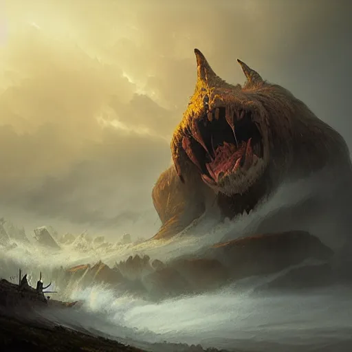 Image similar to giant monster by grzegorz rutkowski, atmospheric haze, stormy, tundra, princess in foreground, large scale