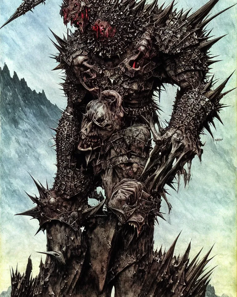 Prompt: A powerful, large fanged orc with pale skin covered in scars stands near the mountains, wearing spiky, complex, detailed armor without a helmet. Extremely high detail, realistic, fantasy art, scars, solo, masterpiece, saturated colors, art by Zdzisław Beksiński, Arthur Rackham