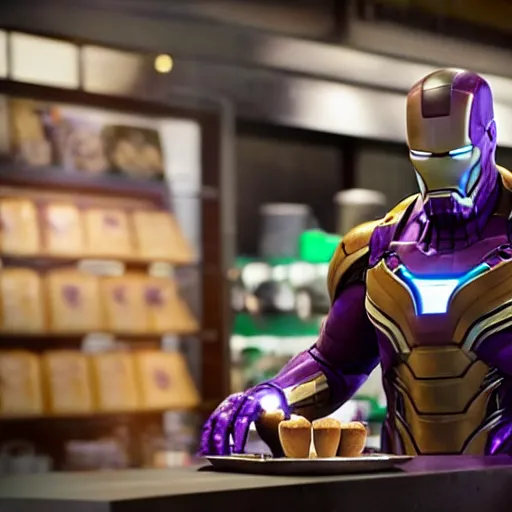 Image similar to thanos working at starbucks serving a latte to iron man, ultra realistic, 8 k, cinematic