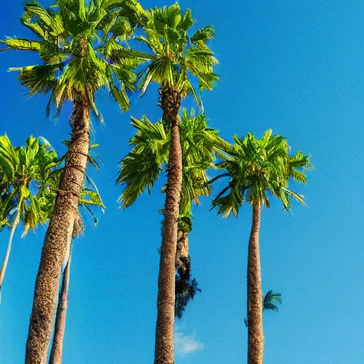 Image similar to corkscrew palm trees, detached trunks floating floating floating in blue sky, random positions floating, flying so we can see the whole trees