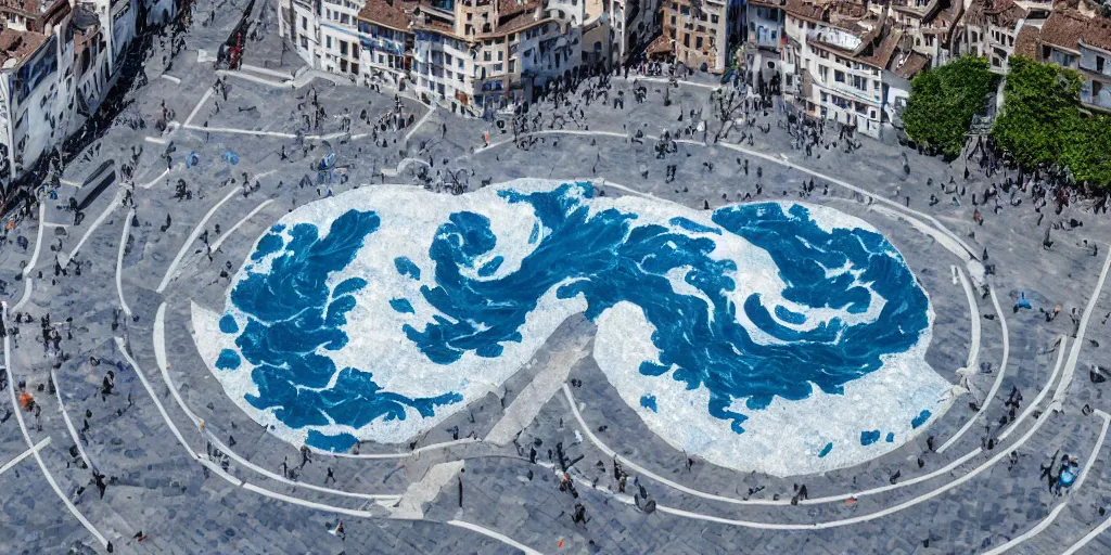 Prompt: A white and blue marble sculpture of The Great Wave off Kanagawa in the middle of an empty Italian piazza, midday, 4k photograph, sunny day, long shot, overhead view, far away