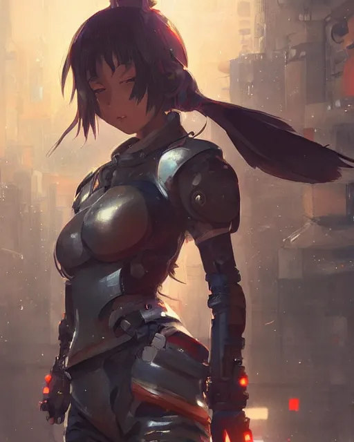 Image similar to full body portrait of anime girl in mechanic armor in night tokyo by greg rutkowski, perfect face, fine details