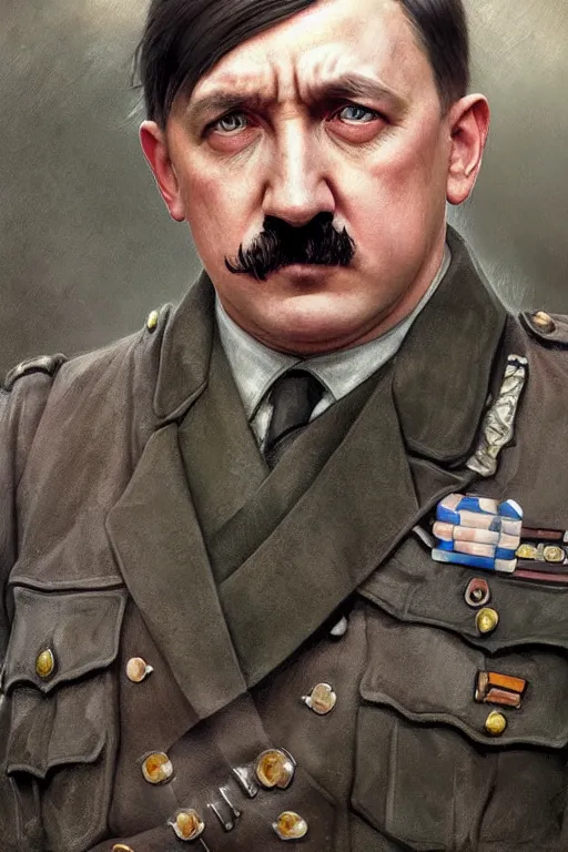 Image similar to photorealistic portrait photograph of adolf hitler, kawaii!! handsome, depth of field, soft focus, highly detailed, intricate, realistic, national geographic cover, soft glow, textured, artstation, concept art, sharp focus, illustration, art by artgerm and greg rutkowski and alphonse mucha