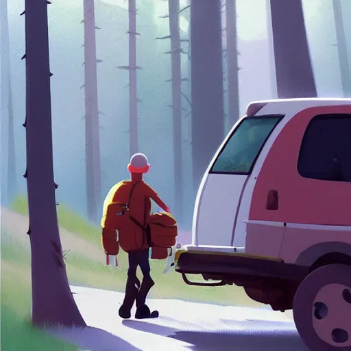 Image similar to goro fujita ilustration hikers loading the car to go to the forest, painting by goro fujita, sharp focus, highly detailed, artstation