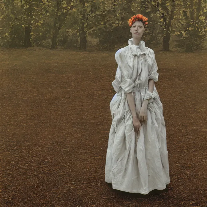 Image similar to a closeup portrait of a woman wearing a dress made of ribbon and roots, standing in an empty park, color photograph, by vincent desiderio, canon eos c 3 0 0, ƒ 1. 8, 3 5 mm, 8 k, medium - format print