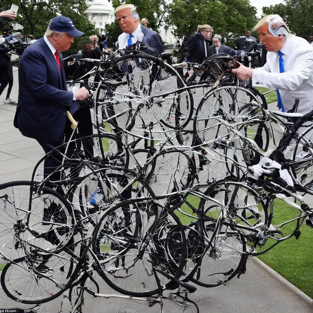 Image similar to trump repairs his bicycle outside the white house