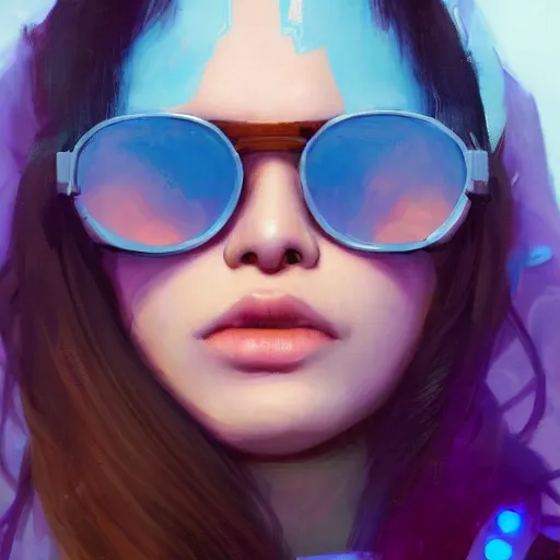 Prompt: very detailed masterpiece closeup painting of a very beautiful young indonesian cyberpunk woman with light blue shutter shades, one side haircut, brown hair with light blue ends, purple leather jacket, beauty mark on cheek, portrait, synthwave background, artstation, concept art by greg rutkowski
