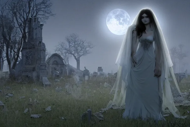 Image similar to an ultra detailed animation of a transparent ghost bride in a graveyard at midnight on halloween, digital art, dark fantasy, concept art, soulslike, by alphonse mucha, blood moon eclipse, ruined building in the background, artstation, 8 k, unreal engine render