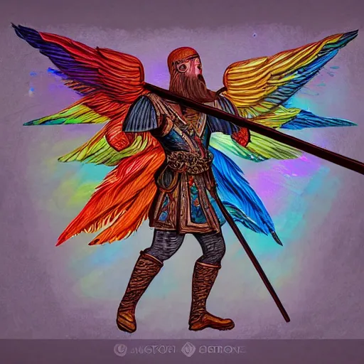 Image similar to medieval weapon, long spear made of multicoloured feathered wings, prismatic, detailed drawing, magic the gathering, white background