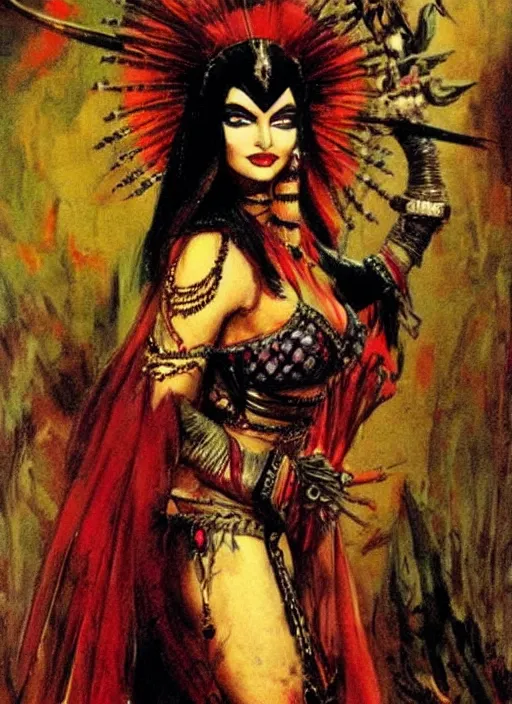 Image similar to female indian vampiress, jeweled veil, strong line, saturated color, beautiful! coherent! by frank frazetta, high contrast