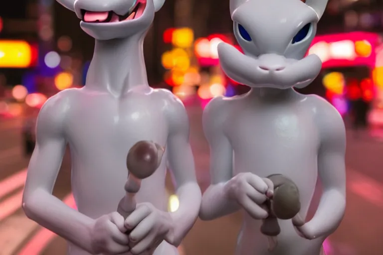 Image similar to closeup potrait of Mewtwo in Tokyo, neon light, sharp, detailed face, magazine, press, photo, Steve McCurry, David Lazar, Canon, Nikon, focus