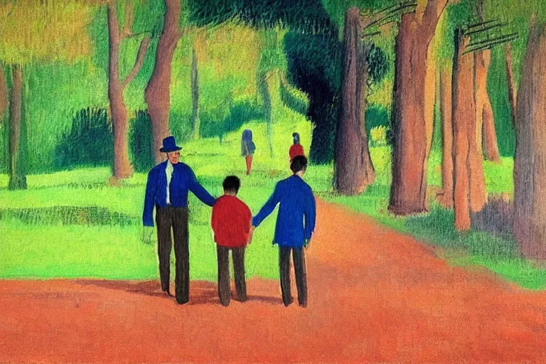 Prompt: a very tall man named John with dark hair holding the hands of a short young boy named Alex with dark hair as they walk in a park on a bright beautiful colorful day. part in the style of an edgar degas painting. part in the style of david hockney