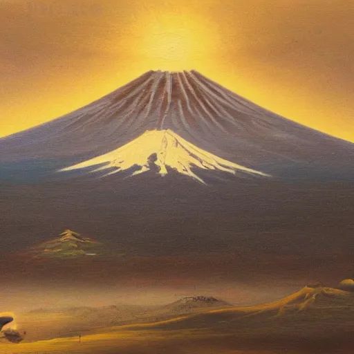 Prompt: An oil painting of spaceship landing on mount Fuji