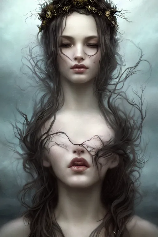 Prompt: deer faced goddess in cloudy murky water!!!, windy hair, atmospheric moody, dark surreal seductive! cinematic volumetric lights, bust portrait, dnd, fantasy, intricate, elegant, highly detailed, digital painting, artstation, concept art, smooth, sharp focus, illustration, art by artgerm and tom bagshaw and greg rutkowski and alphonse mucha