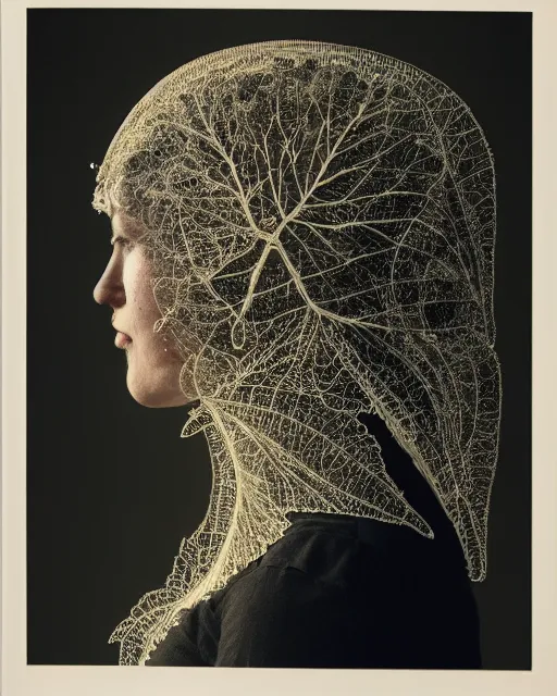 Image similar to a woman's face in profile, wearing a vintage space helmet made of elaborate intricate delicate leaf skeleton, in the style of the dutch masters and gregory crewdson, dark and moody