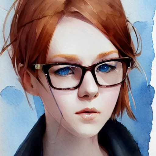 Prompt: short ginger haired girl, blue eyes, glasses, artstation, watercolor, highly detailed, portrait, by krenz cushart