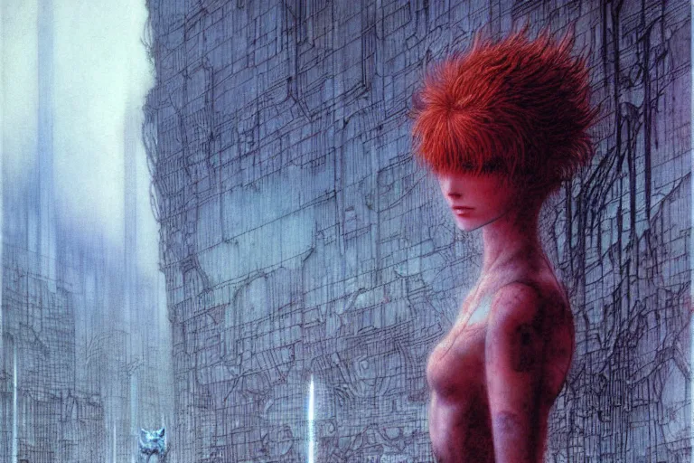 Image similar to cute redhead girl with short hairs in cybercity by luis royo and wayne barlowe, beksinski
