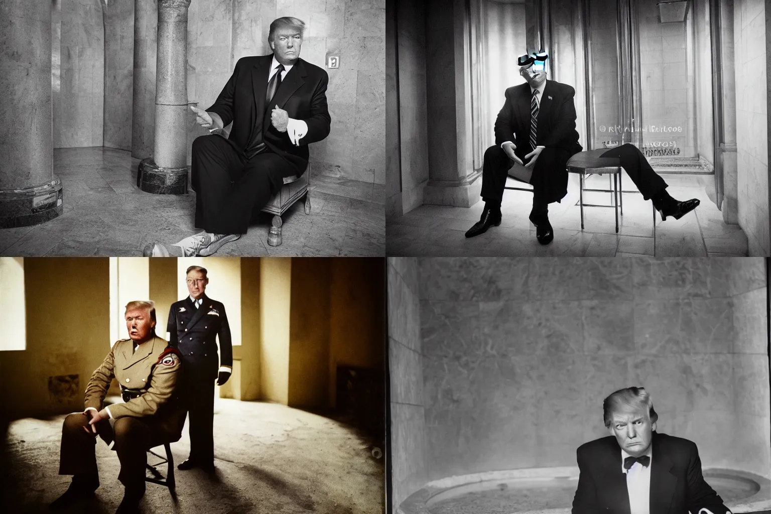 Prompt: portrait photograph of Donald Trump wearing Reichsführer outfit sitting in a roman bathhouse, off-camera flash, canon 24mm lens f8 aperture, color Ektachrome photograph, single point of light coming through window, water reflections