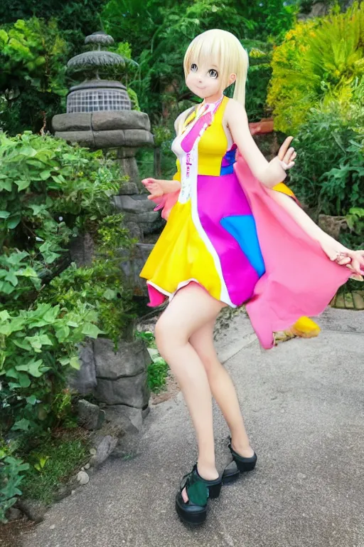 Image similar to a very cute art of a smiling blonde anime girl idol wearing a colorful dress walking at the garden, tongue out, cheeky, in the style of anime, near a stone gate