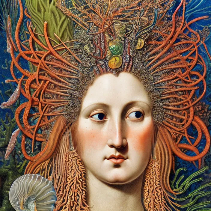 Image similar to realistic detailed face portrait of the goddess of the fish of the three times with an intricate headdress of corals, sea kelp, sea plants, fish, jellyfish, art by archimboldo and ernst haeckel, face in focus, neo - gothic, gothic,