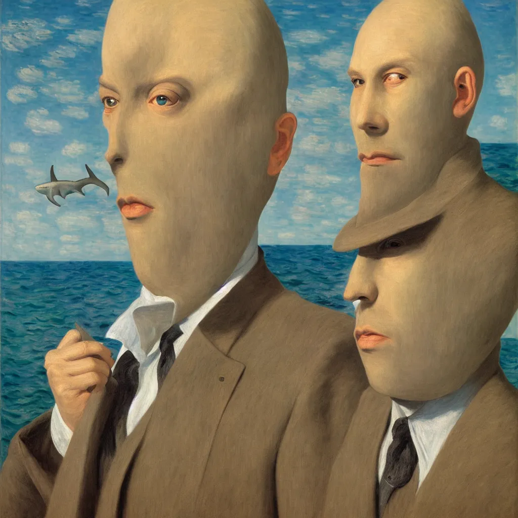 Prompt: super up close, self portrait of a shark humanoid man, by rene magritte, monet, and turner