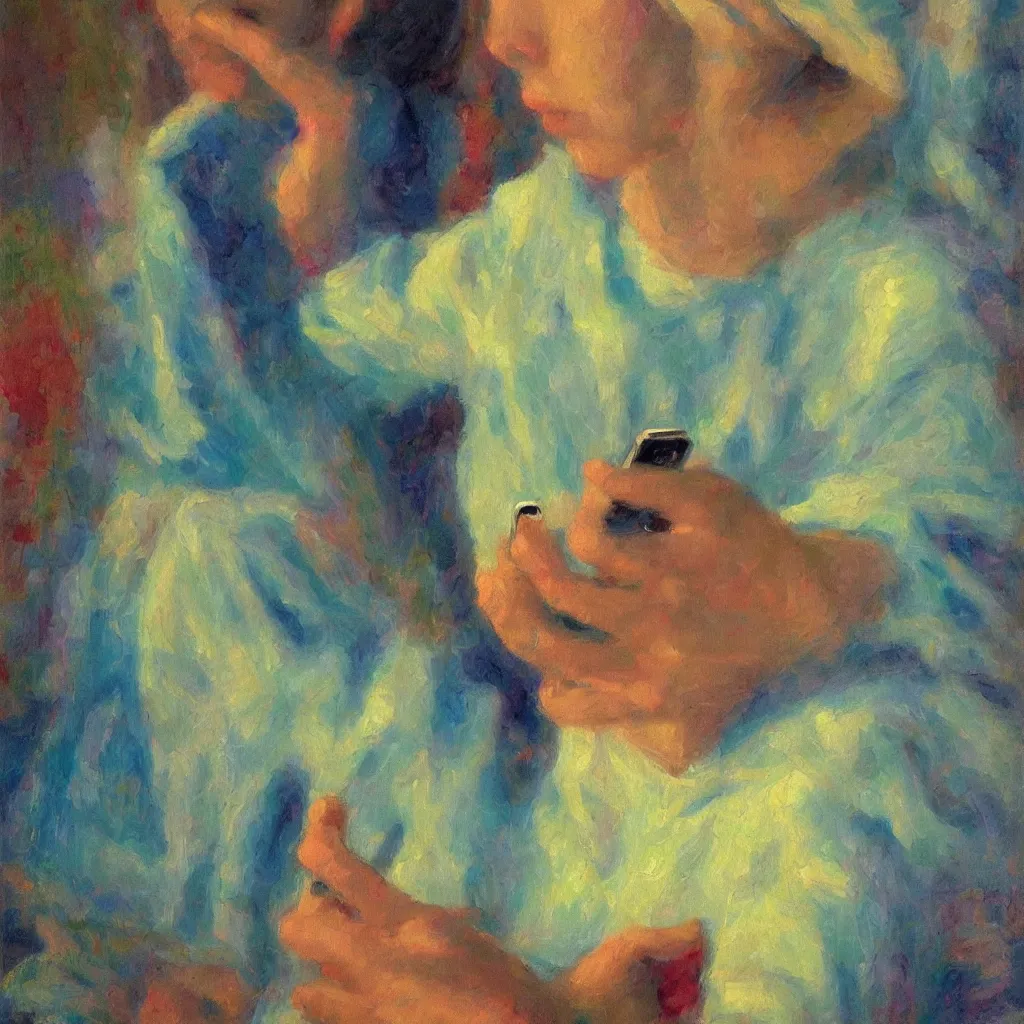 Prompt: a vivid impressionistic painting of a bored woman, she is holding a smartphone, oil on canvas, trending on artstation