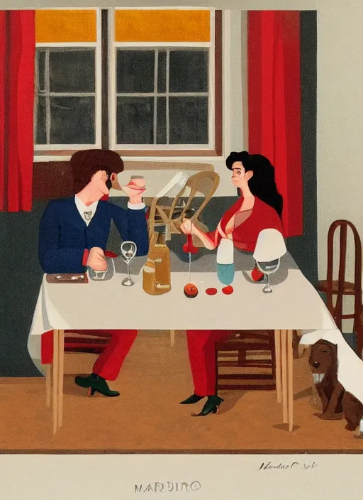 Image similar to A couple having a lonely dinner on a Saturday night painted by Marius Van Dokum, cinematography of Wes Anderson