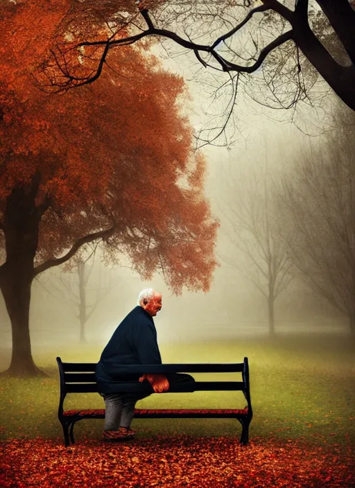 Image similar to an old man tangled around a park bench. portrait of a stretchy old man wrapped and tied around a park bench, autumn tranquility, forgetfulness, oblivion, inevitability, aging, surreal portrait, moody, by tom bagshaw, cold, 4 k