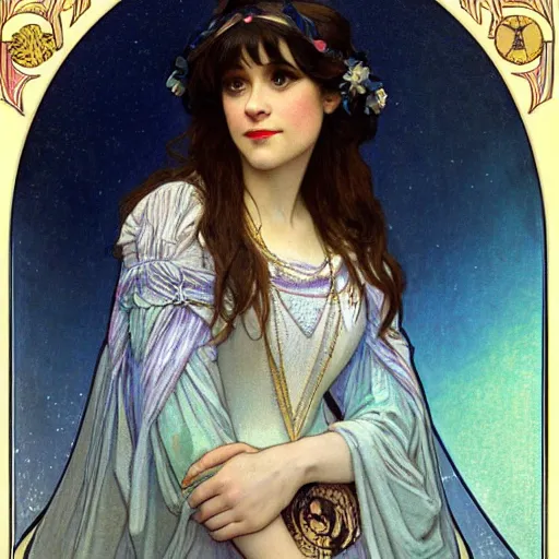 Image similar to zooey deschanel portrait by louis - theophile hingre and alphonse mucha, realistic, sharp focus, zodiac signs, tarot cards, planets, ethereal, art nouveau, magic, moon, sun, crown, dreamy, royal, jewellery