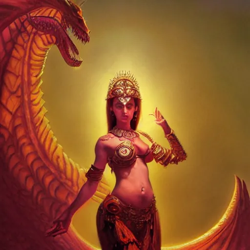 Image similar to cute female bellydancer dragon, anthropomorphic, stuning 3 d render, masterpiece, glowing holy aura, by donato giancola and greg rutkowski and wayne barlow and zdzisław beksinski, realistic face