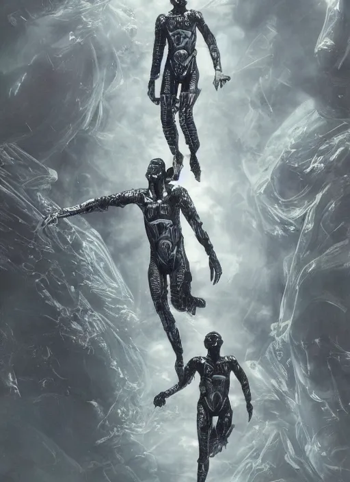 Image similar to astronauts in dark and empty void underwater - complex and hyperdetailed technical suit. reflection and dispersion materials. rays and dispersion of light. volumetric light. 5 0 mm, f / 3 2. noise film photo. flash photography. ultra realistic, wide angle. poster by wayne barlowe, hajime sorayama aaron horkey, craig mullins