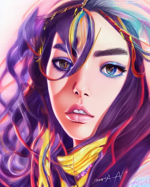 Prompt: portrait of madison beer, beautiful, elegant colorful, inspired by steel ball run manga, artstation trending, deviantart, highly detailed, focus, smooth, illustrated by hirohiko araki