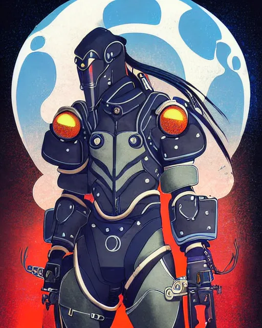 Image similar to hanzo from overwatch, cyber suit, archer, character portrait, portrait, close up, concept art, intricate details, highly detailed, vintage sci - fi poster, retro future, vintage sci - fi art, in the style of chris foss, rodger dean, moebius, michael whelan, katsuhiro otomo, and gustave dore