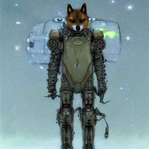 Image similar to realistic anthropomorphic shiba inu, exoskeleton suit mech armor hd fantasy science fiction, glowing electric aura, by donato giancola and greg rutkowski and wayne barlow and zdzisław beksinski, realistic face, visible face, digital art, artstation, symmetry