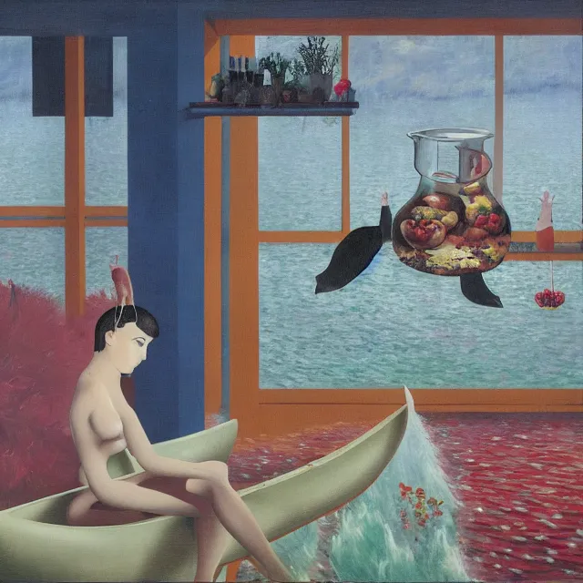 Prompt: catgirl in her apartment, a river flooding inside, pigs, plants in glass vase, pork, water, river, rapids, canoe, pomegranate, berries dripping, waterfall, swans, acrylic on canvas, surrealist, by magritte and monet