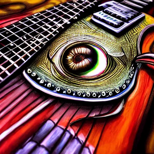 Image similar to eyes, electric guitar, extremely Highly detailed, Occult, funny, entertaining, magical, trending on artstationHQ, closeup, D&D, intricate, elegant, highly detailed, digital painting, artstation, concept art, matte, sharp focus, illustration, concept art