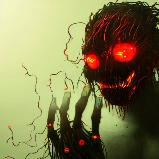 Prompt: a mechanical and human hybrid, fleshy computer clump, clumps of hair, teeth, led, lights, blood, doom monster,