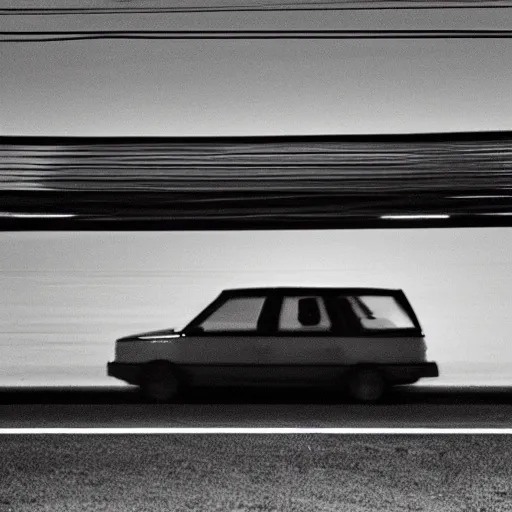 Prompt: 1980s analog photograph of a car parked on the side of the highway at night, lonely, eerie, liminal